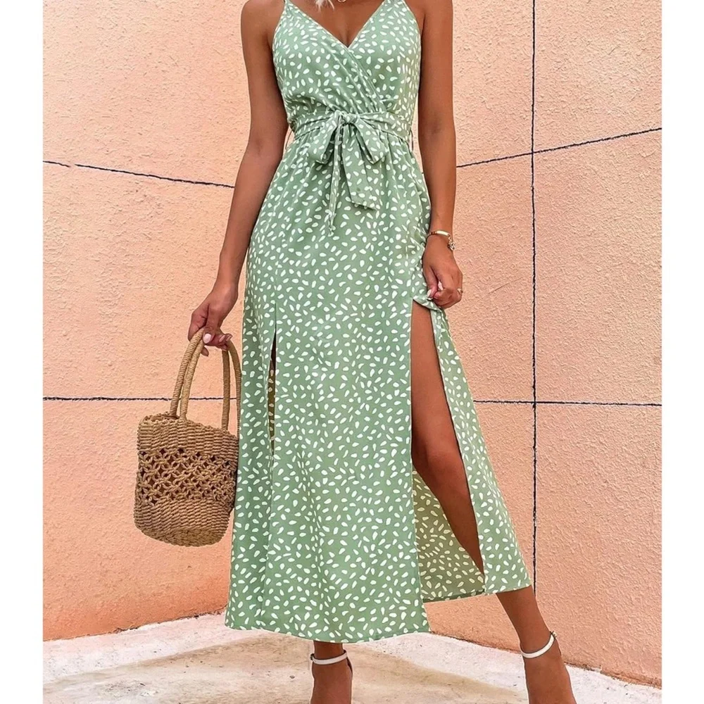 Women's Dress Ditsy Floral Print Slit Hem Belted Cami Dress‎ Dress S - Picture 4 of 4